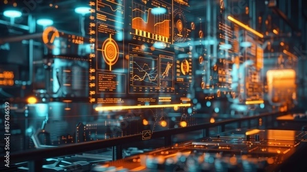 Fototapeta High-tech data center featuring holographic interfaces, advanced technology displays, and glowing data visualizations in a modern, futuristic setting.