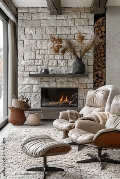 Fototapeta A stylish living room featuring a stone fireplace, modern furniture, and cozy decor elements, perfect for a relaxing atmosphere.