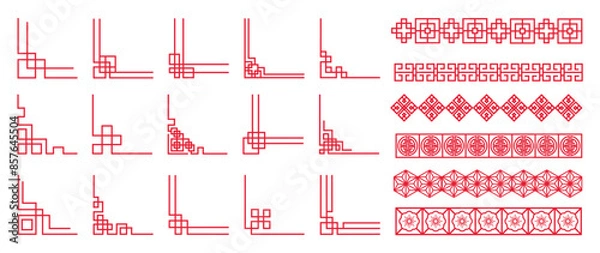 Fototapeta Chinese frame corner ornament vector set. Traditional decorative elements with line, corner, frame, header, pattern. Illustration of elegant design suitable for card, invitation, poster, cover