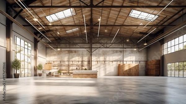 Fototapeta Contemporary warehouse designed for efficiency, blank advertising spaces, customizable for business needs, wide angle