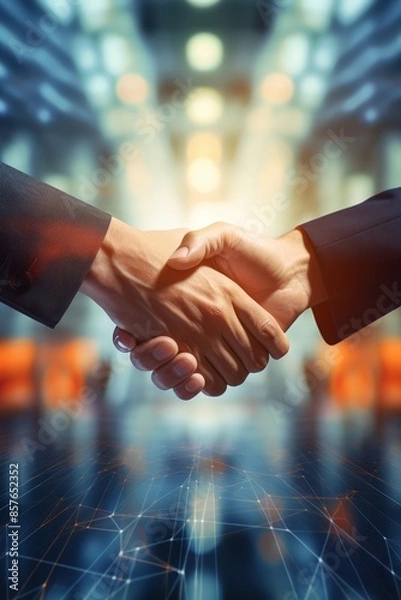 Fototapeta Symbolic handshake between partners, blurred conference room backdrop, emphasis on hands and deal, direct angle