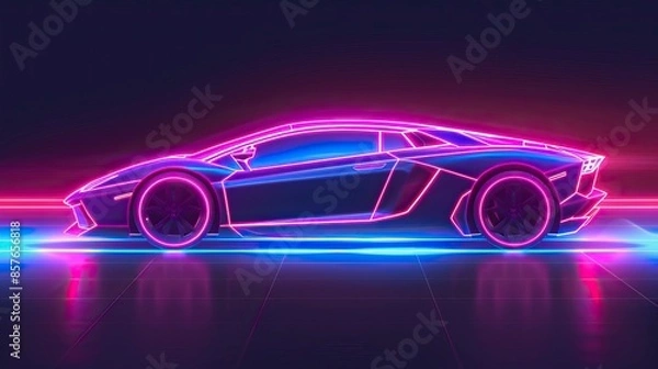 Fototapeta Side view neon glowing sport car silhouette. Abstract modern styled vector illustration