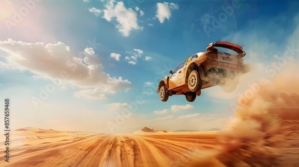 Obraz Rally racing car on dirt track, in the desert, extreme sport activities theme, created with generative ai