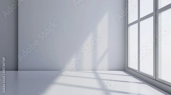 Fototapeta Minimalist White Wall Background with Abstract Window Shadow, High-Resolution Product Presentation Mockup Banner Template, Gray and White Color Palette, Soft Bright Lighting
