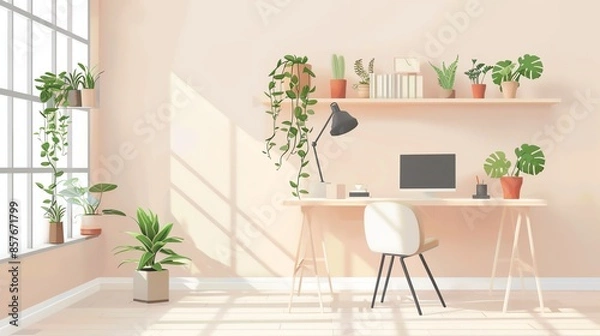 Fototapeta Illustrate a modern therapy office with a calming color palette, featuring a minimalist desk and shelves adorned with plants, creating a peaceful ambiance