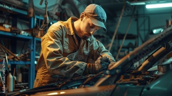 Fototapeta A mechanic in an oily jumpsuit and baseball cap repairs a car in a garage.