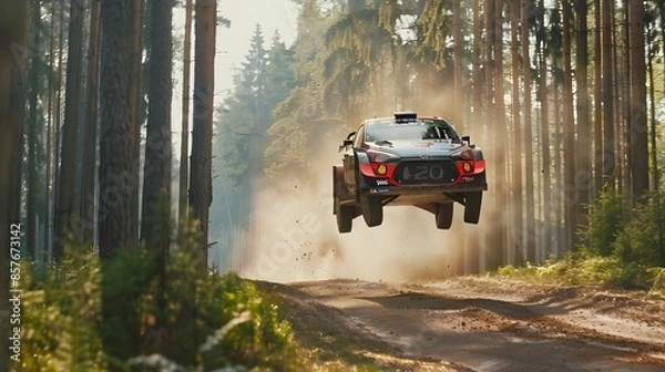 Obraz Rally racing car on dirt track, in the forest, extreme sport activities theme, created with generative ai