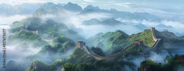 Obraz Illustrate a stunning panoramic vista of the Great Wall of China winding across mist-covered mountains