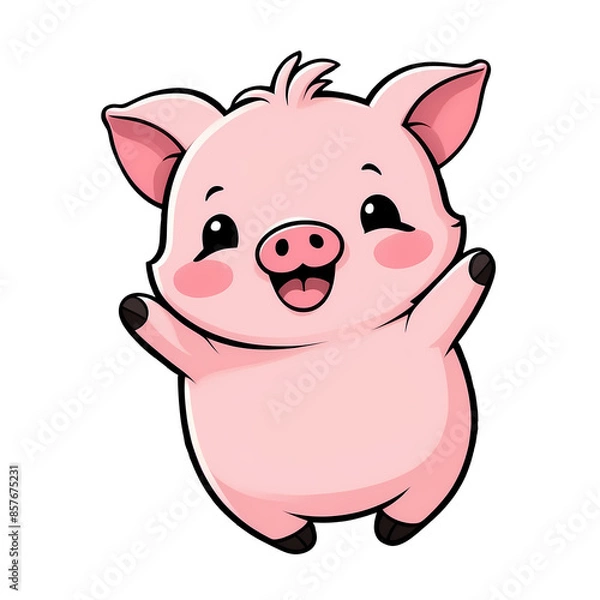 Fototapeta Cute Childish Kawaii Piggy Character Sticker Standing with Big Round Eyes, Pink Snout, and Happy Expression, Thick Black Outline, Generative AI.