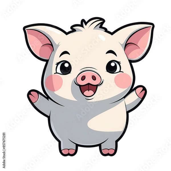 Fototapeta Cute Childish Kawaii Piggy Character Sticker Standing with Big Round Eyes, Pink Snout, and Happy Expression, Thick Black Outline, Generative AI.