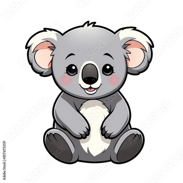 Fototapeta Adorable Childish Kawaii Koala Character Sticker Standing with Big Round Eyes, Fluffy Ears, and a Cheerful Expression, Thick Black Outline, Generative AI.