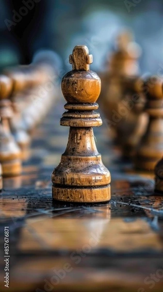 Fototapeta Black chess pieces stand out prominently on the chessboard. It is a symbol of strategic management and leadership