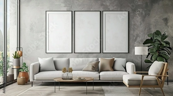 Fototapeta Mock up poster frame in a modern Scandinavian  style living room interior,  3D render and illustration.