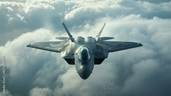 Fototapeta Stealth military aircraft, modern generation fighter jet in flight, raw style, powerful and sleek design, dynamic in the sky