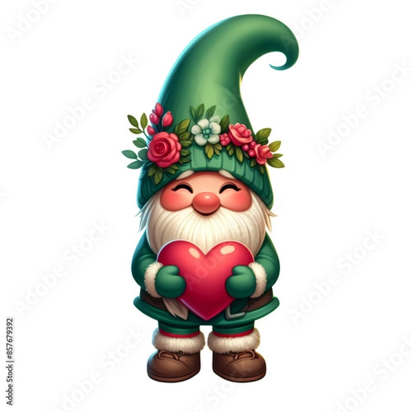 Fototapeta Adorable gnome with a flower-adorned hat holding a red heart, perfect for love and garden-themed designs. on a transparent background isolated