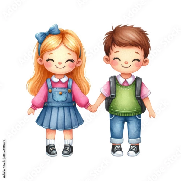 Fototapeta Adorable cartoon illustration of a boy and girl holding hands, dressed in school attire, with cheerful expressions and colorful outfits.