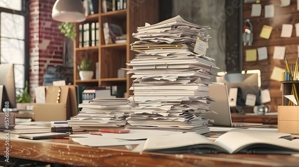 Obraz Conceptual image of a large stack of document papers on a cluttered desk, surrounded by office supplies, illustrating a hectic and busy workday