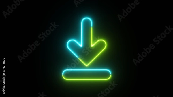 Fototapeta Neon Download button icon. Background with arrow direction down. Glowing neon download sign.
