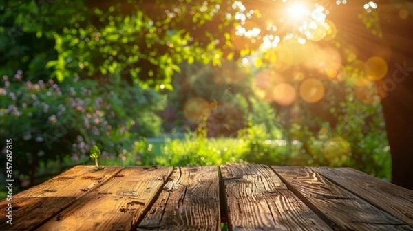 Fototapeta Beautiful blurred background, an empty wooden table in the garden with sunlight and bokeh effect of light