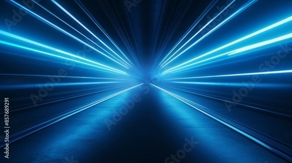 Obraz neon blue lights with moving along dark tunnel illuminated