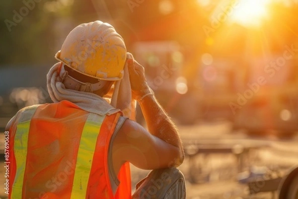 Obraz Heat wave, construction workers in hot weather,hot weather shines a light on health, hot weather,heat illness, heat stroke, Generative AI