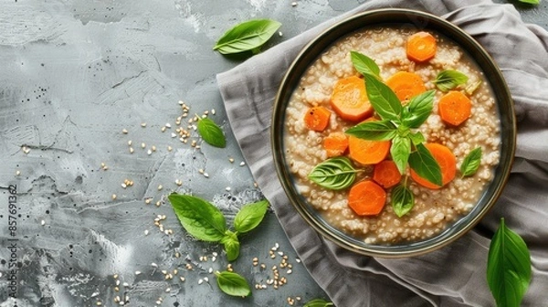 Obraz Bowl of buckwheat porridge with cooked carrots garnished with green leaves on a cloth napkin on a gray surface