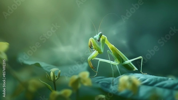 Fototapeta An upside down praying mantis huging with leave