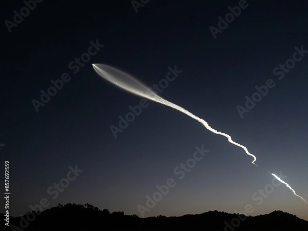 Obraz A bright white trail from a rocket launch stretches across the night sky as it ascends into space. The trail is visible against a dark blue sky, with a line of silhouetted hills.