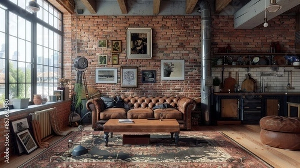 Fototapeta Living room interior in loft style, featuring an industrial design with a leather classic sofa, exposed brick walls, 3D render, raw detail