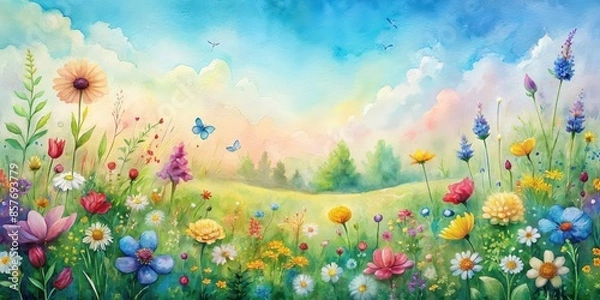 Fototapeta Watercolor meadow with colorful flowers in a serene landscape, watercolor, meadow, flowers, background, nature, serene, landscape, spring, vibrant, colorful, garden, peaceful, scenery