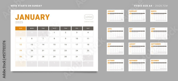 Fototapeta Set of 12 Pages Monthly Calendar Planner Templates on 2025 year. Vector mockup of a wall or desktop calendar with the week start on Sunday for print in grey and red color. Pages size Letter -8.5x11 in