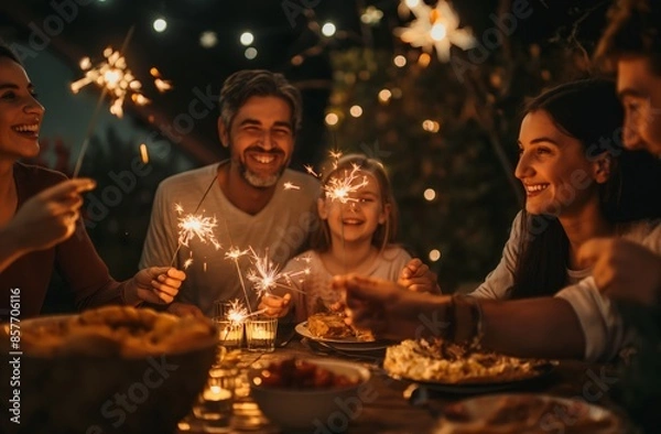 Fototapeta A family is happily celebrating together at night with sparklers, treasuring moments of joy and unity with bright smiles and laughter. The atmosphere is festive and full of love and connection