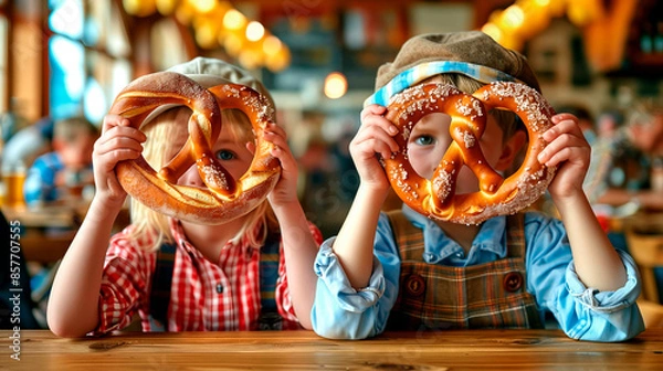 Fototapeta Two children have fun and goof around with large Bavarian pretzels during Oktoberfest celebrations in Germany. Hyper-realistic photo, high quality.