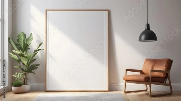 Fototapeta Frame mockup, ISO A paper size. Interior mockup with house background. Modern interior design. Living room wall poster mockup ,3D render
