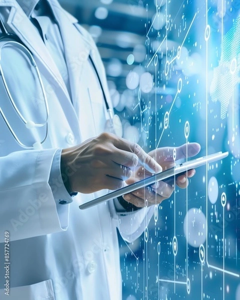 Fototapeta Doctor using tablet with digital interface, representing advanced medical technology and healthcare innovations in modern medicine.