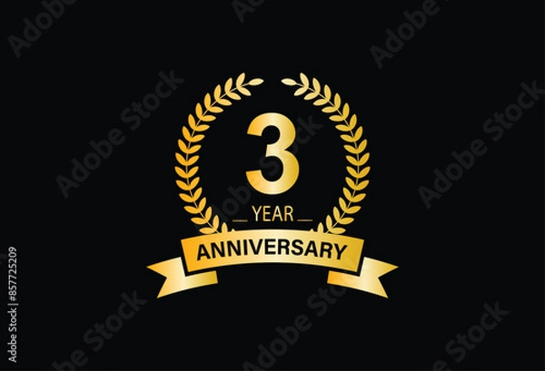 Obraz 3rd Anniversary Celebration. Anniversary Celebration Logo Design with Golden Ring and Ribbon, Vector Template Illustration