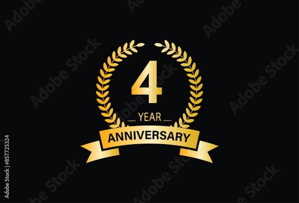 Obraz 4 years anniversary celebration. Anniversary logo with ring and elegance golden color isolated on black background, vector design for celebration, invitation