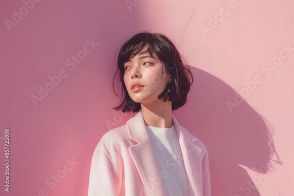 Obraz Young woman in a pink pastel outfit posing against a wall, in a minimalistic fashion style, with short black hair, wearing a white t-shirt and coat, against a pink background, in a portrait photograph