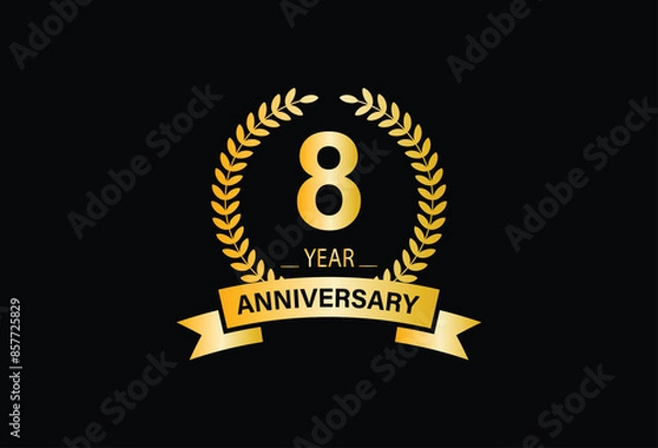 Obraz Celebrating 8 years anniversary logo with golden ring and ribbon, laurel wreath vector design.