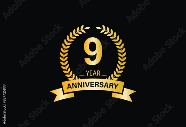 Obraz 9 years anniversary logo with gold color and ribbon for booklet, leaflet, magazine, brochure poster, banner, web, invitation or greeting card. Vector illustrations.