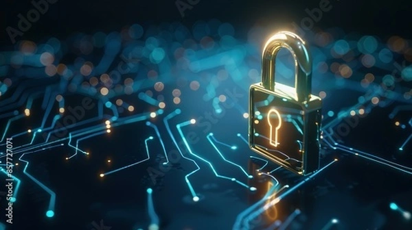 Obraz Digital padlock on a dark blue background representing cyber security technology for fraud prevention and data privacy protection in computing systems.