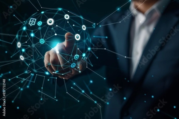 Fototapeta Businessman touching global network icon, symbolizing connected communication in high quality photo