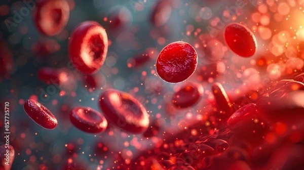 Fototapeta A macro photograph zooms in on red blood cells flowing smoothly within a vein, highlighting the efficiency and complexity of the circulatory system. The image's composition includes significant