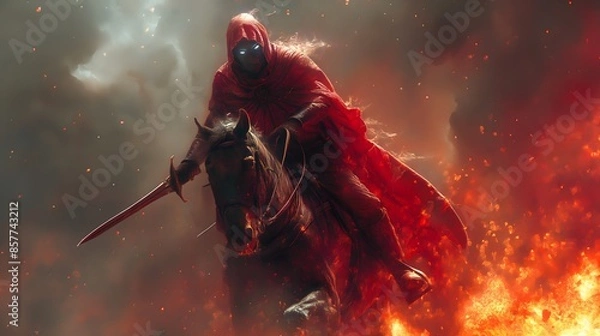 Fototapeta The Second of the Four Horsemen of the Apocalypse, Given a Great Sword and Riding a Red Horse Symbolizing War and Bloodshed. Bible illustration from the Book of Revelation