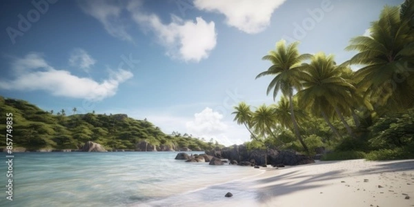 Fototapeta Tropical paradise beach with white sand and palms travel tourism background concept.