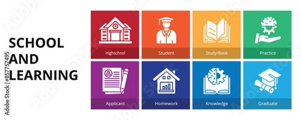 Fototapeta School and Learning Glyph Solid Banner Web Icon Set Vector Illustration, Highschool Student Study Book Practice Applicant Homework Knowledge Graduate