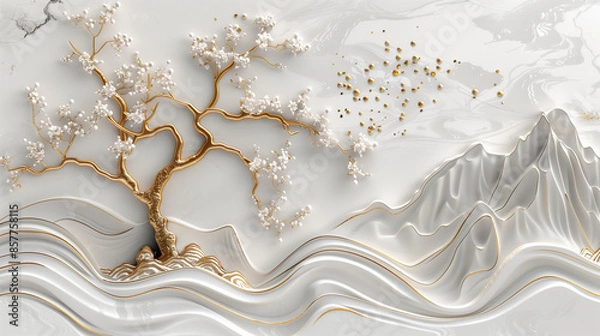 Fototapeta 3D relief of a Chinese landscape with mountains, waterfalls and cherry blossoms