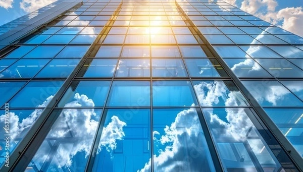 Fototapeta Ecofriendly glass office building designed for sustainability and reducing carbon footprint . Concept Sustainable Architecture, Green Building Design, Ecofriendly Practices