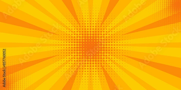 Fototapeta Orange comic background with sun burst and dot halftone. Cartoon funny retro pattern strip mock up. Vector halftone illustration. Vintage backdrop for comic superhero text, speech bubble, message.