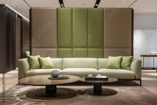 Fototapeta Modern minimalistic office lounge with elegant green sofa and stylish coffee tables